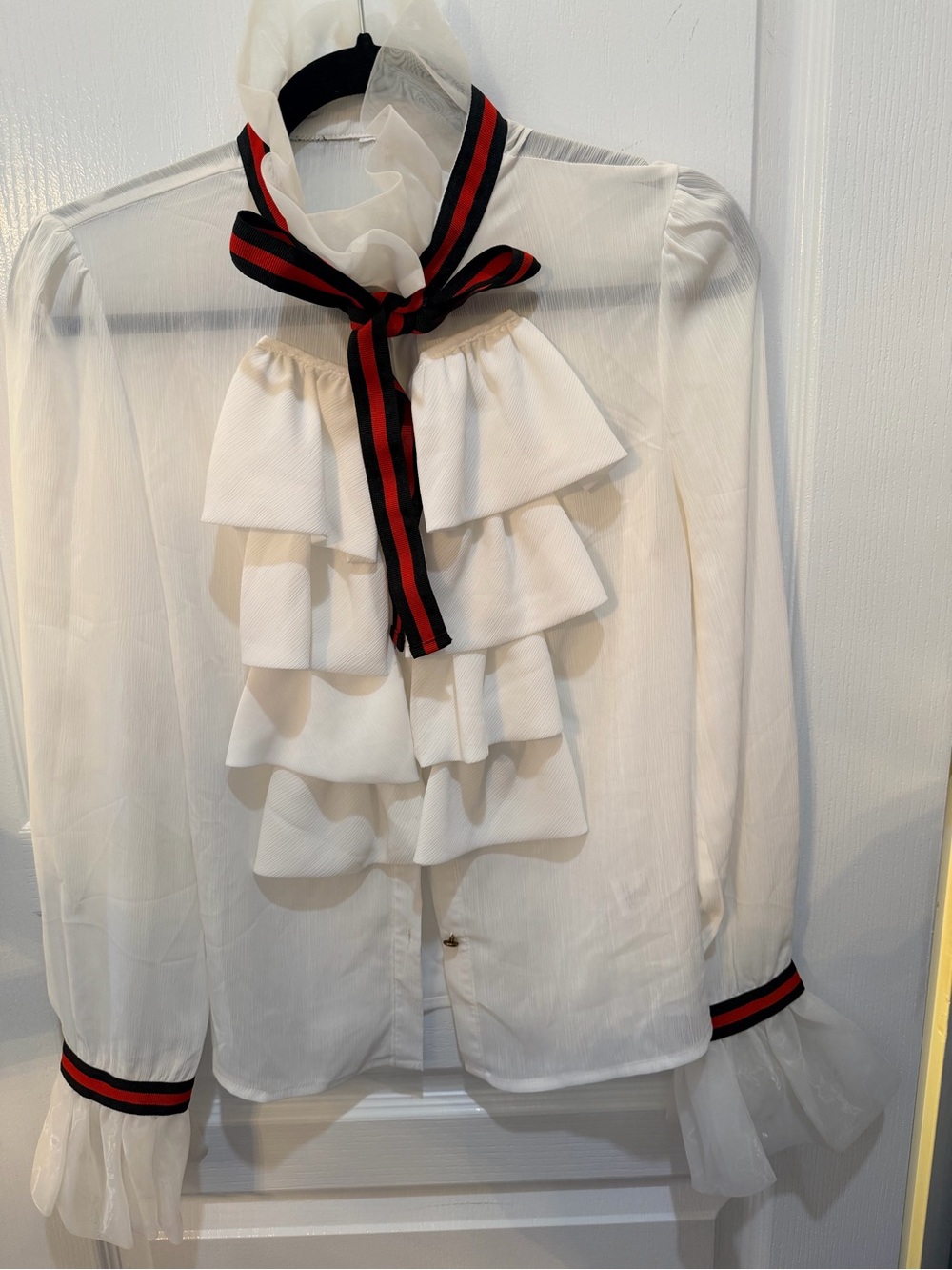 Vintage White Sheet Ruffle Blouse with Navy & Red Ribbon amazing Gold Buttons - Picture 11 of 11